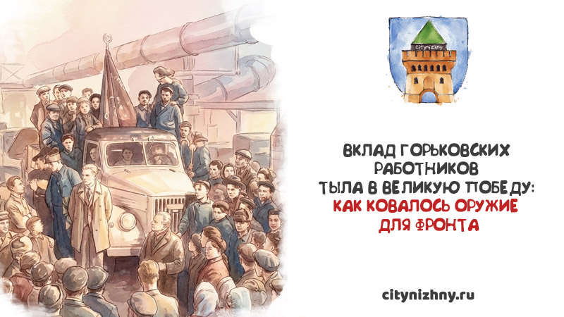 Акварельная иллюстрация рабочих горьковского завода, стоящих вокруг выпущенного грузовика со знаменем, и текст Вклад горьковских работников тыла в Великую Победу: как ковалось оружие для фронта.